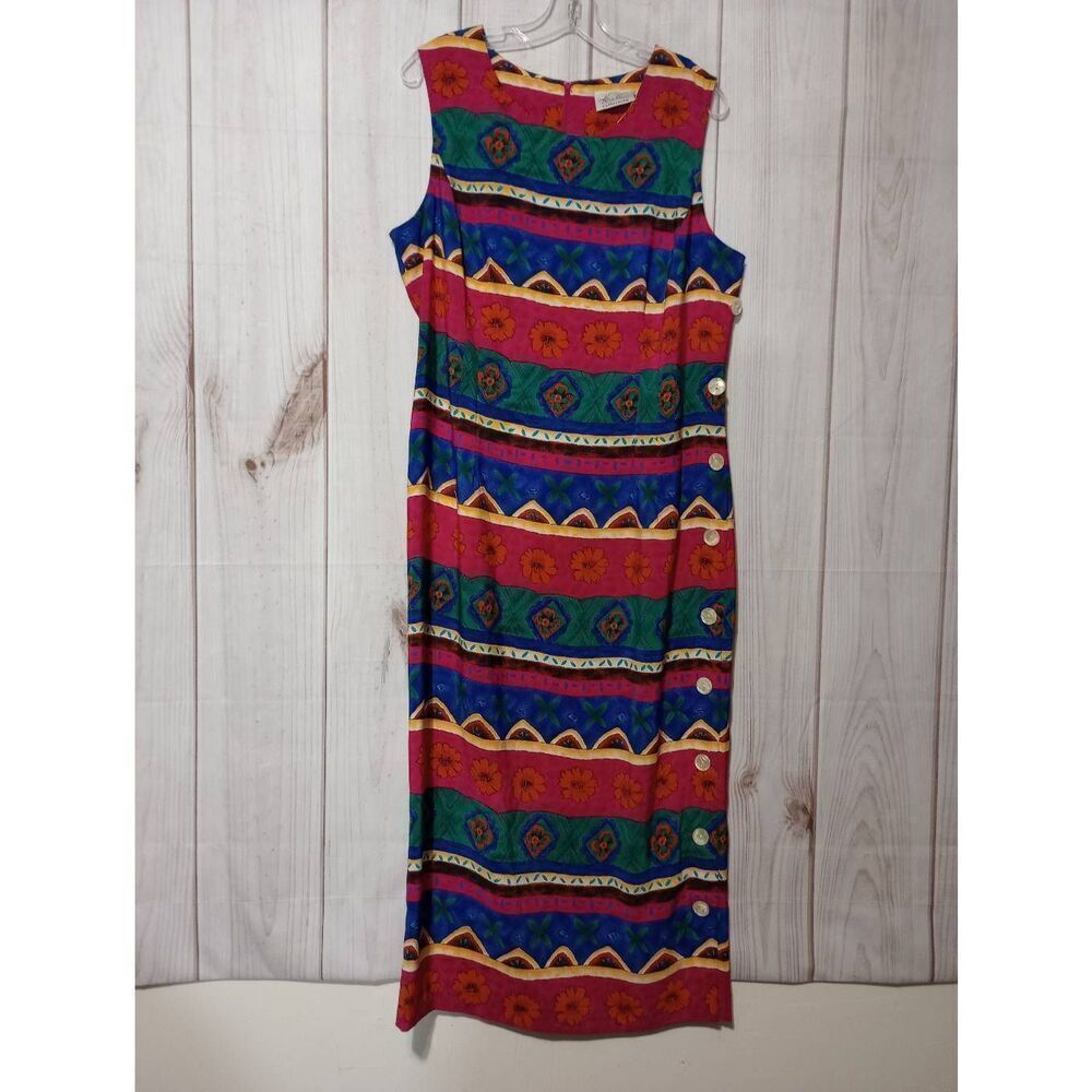 Kathy Lee‎ Dress Ladies 14 Sleeveless Vintage Colorful Pink Green Blue